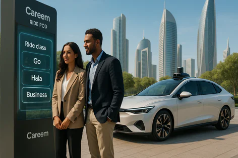 Couple standing next to a Careem Ride Pod kiosk displaying ride classes like Go, Hala, Business, with an autonomous car and city skyline behind them.