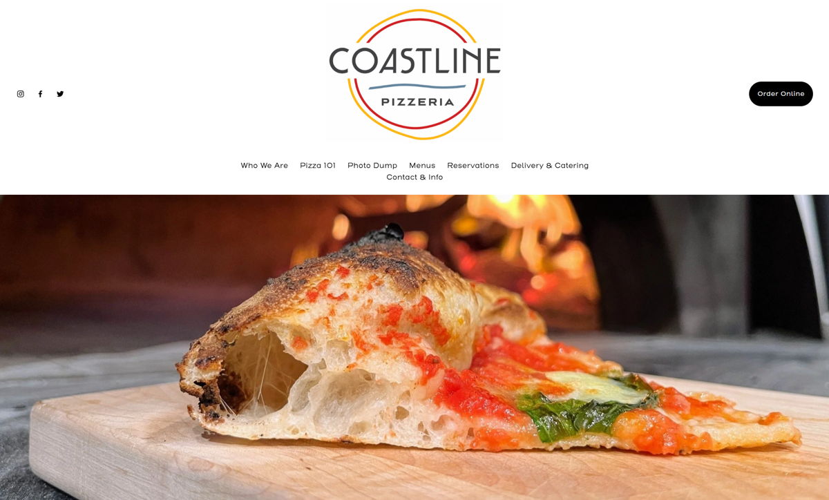 Screenshot of Coastline Pizzeria, from the pizza place websites collection.
