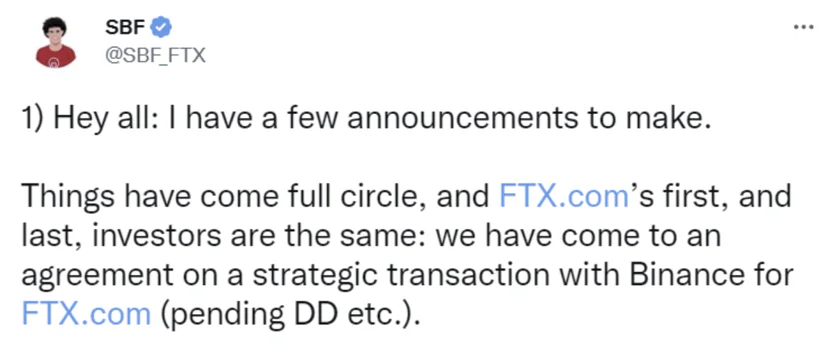 SBF announcement Binance take over