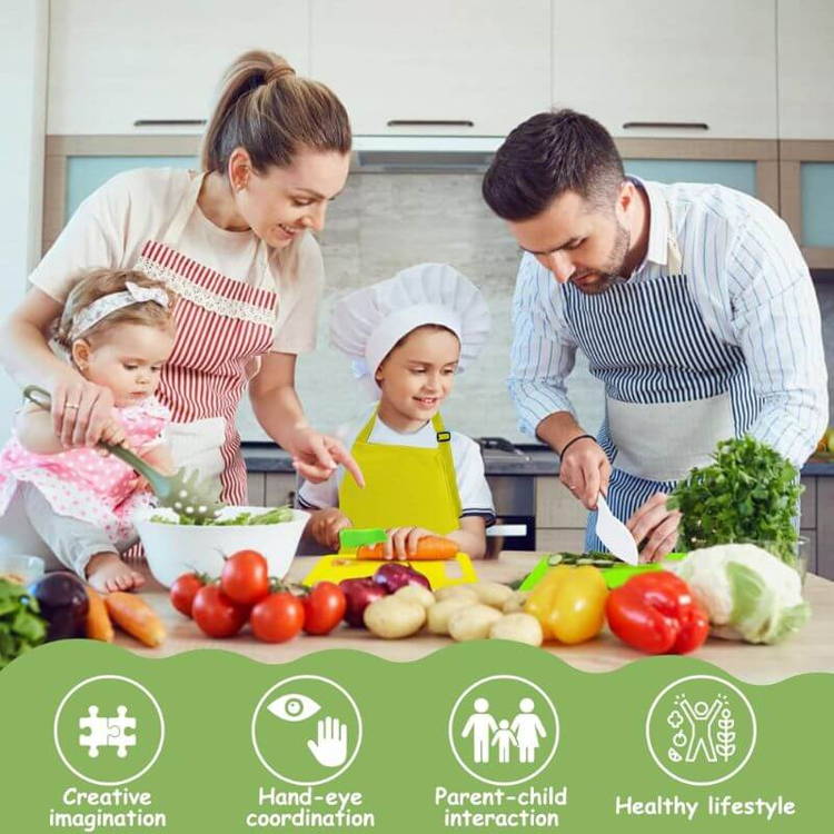 Family of four cooking together and the kids have their own Montessori Cooking Tools set.
