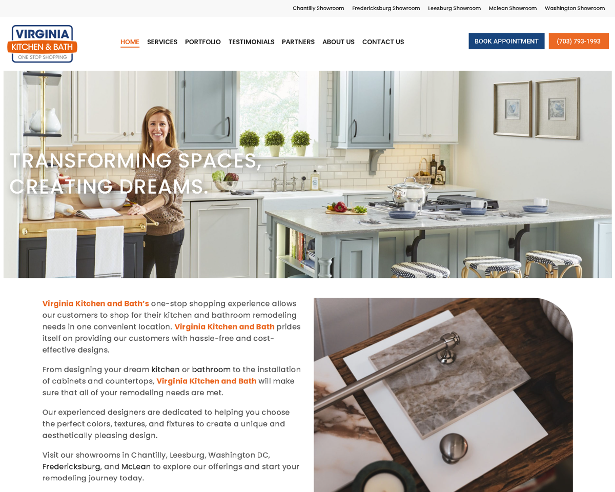 Screenshot of Virginia Kitchen & Bath, from the remodeling websites collection.