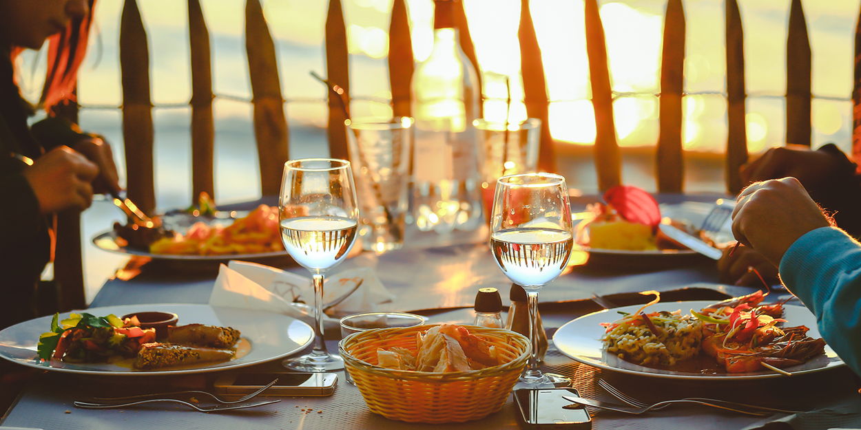 fresh seafood on beachfront table