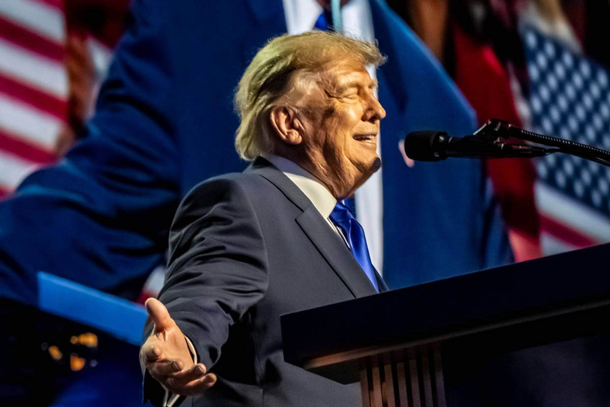 Image may contain: Donald Trump, Donald Trump, People, Person, Crowd, Electrical Device, Microphone, Adult, and Audience