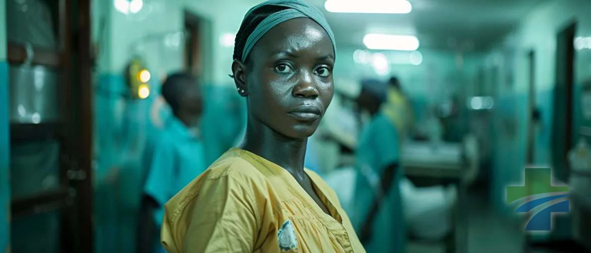 A dedicated travel nurse attending to a patient in a dim hospital ward.