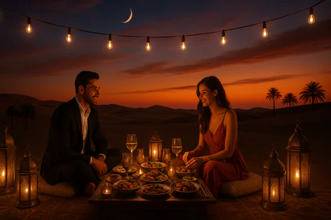 Couple enjoys a romantic dinner on cushions in the desert at sunset, with food, drinks, lanterns, string lights, and a crescent moon.
