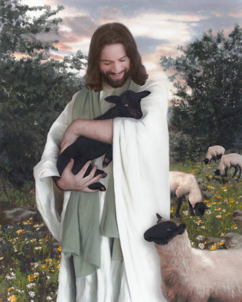 Jesus holding and smiling down at a black lamb.
