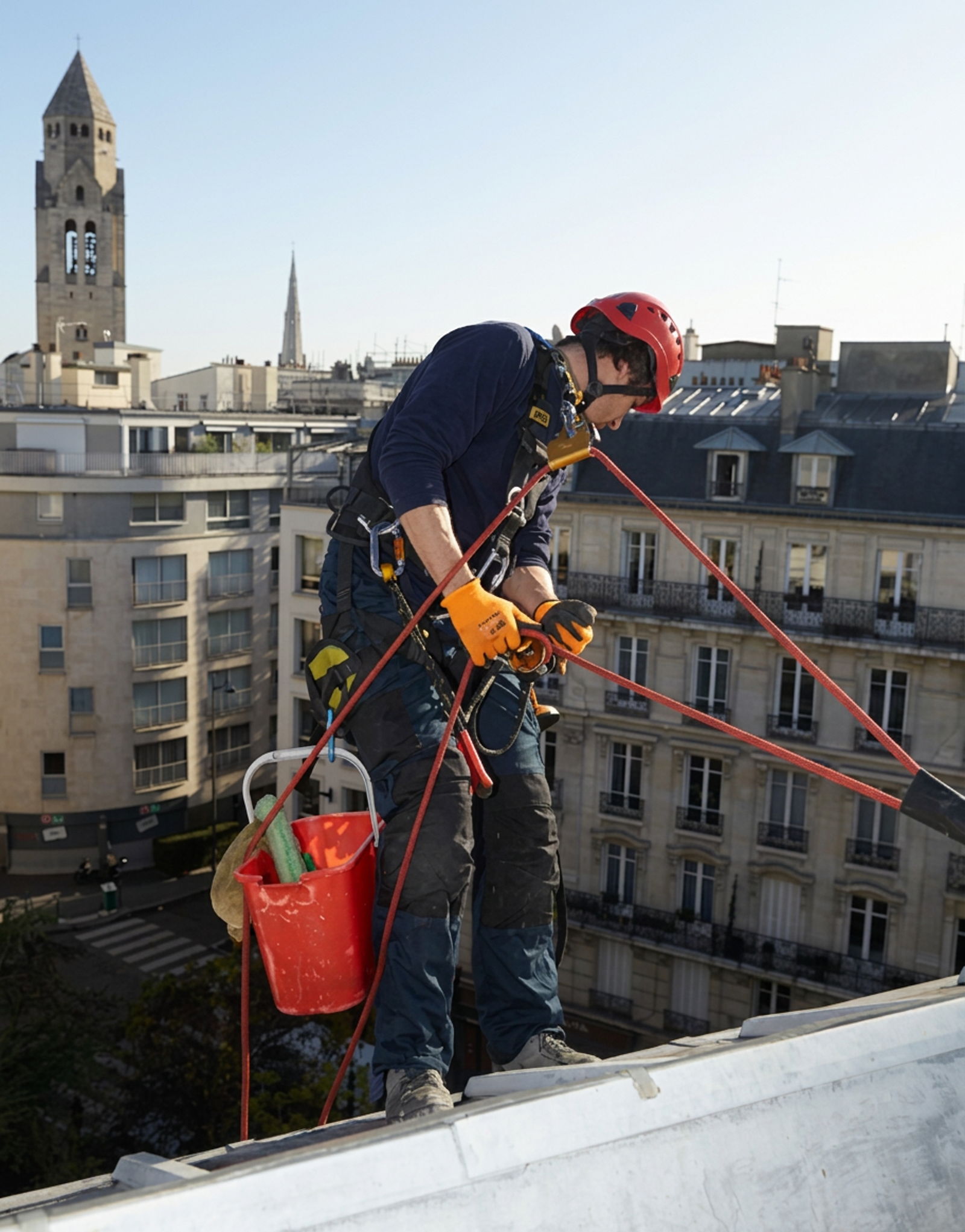 Travaux en hauteur sur corde sur une façade parisienne à Paris