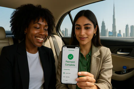 Two women inside a car, one smiling while the other shows a phone displaying a "Careem Pay Payment Complete" screen. The Dubai skyline is visible through the window.