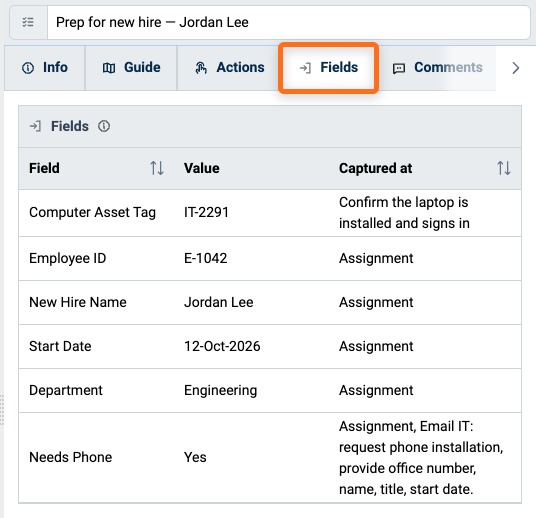 Fields tab of an Assignment listing each Field, its value, and where it was captured