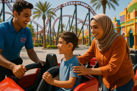 A boy with a hearing aid sits in a red amusement park ride car as a woman in a hijab and a park employee help him, smiling. Roller coaster tracks are in the background.