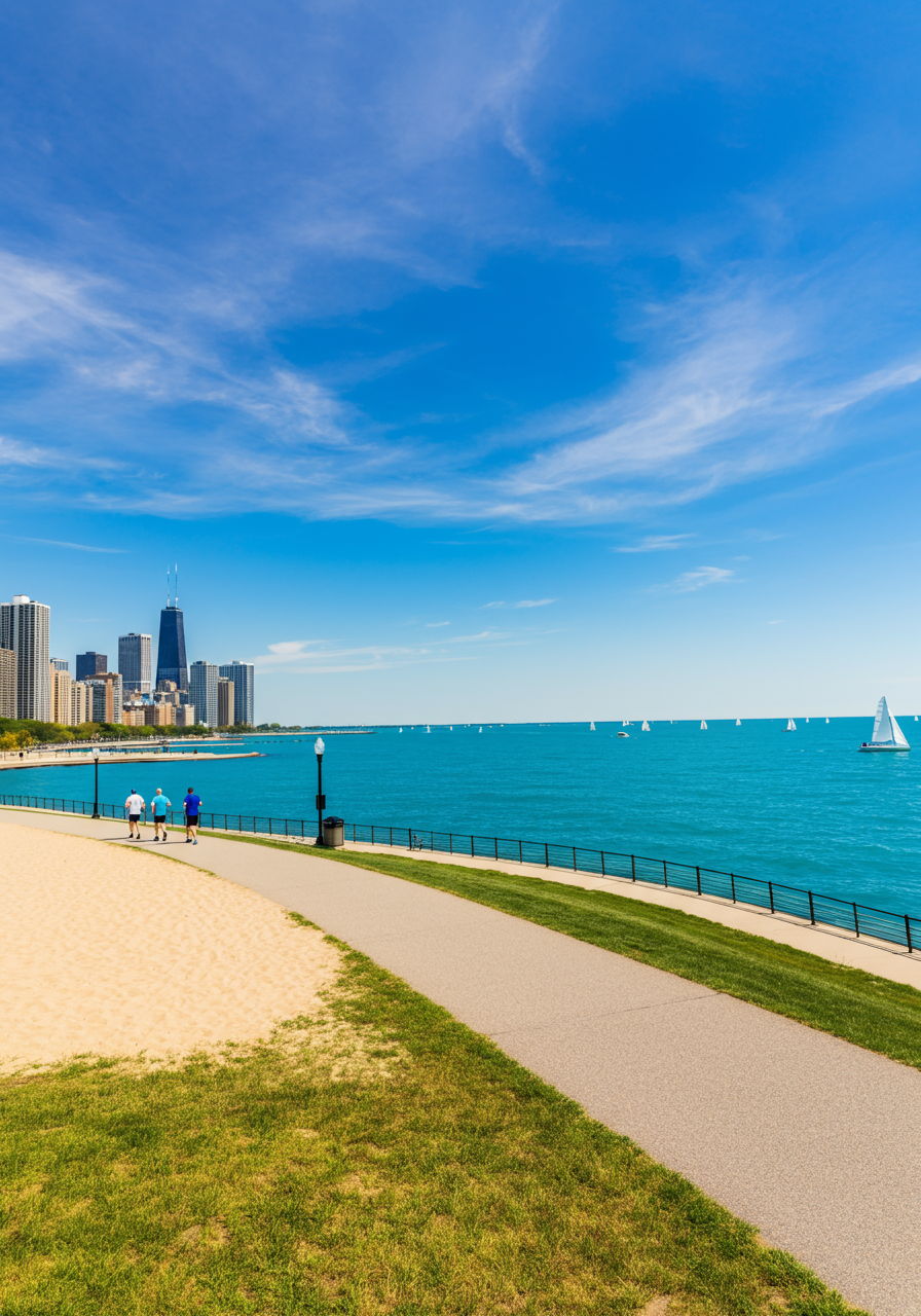 Oak Street Beach with its pristine shoreline and stunning views of both Lake Michigan and the city skyline. Morning joggers traverse the lakefront path while sailboats dot the horizon, showcasing one of the neighborhood's most cherished natural amenities.