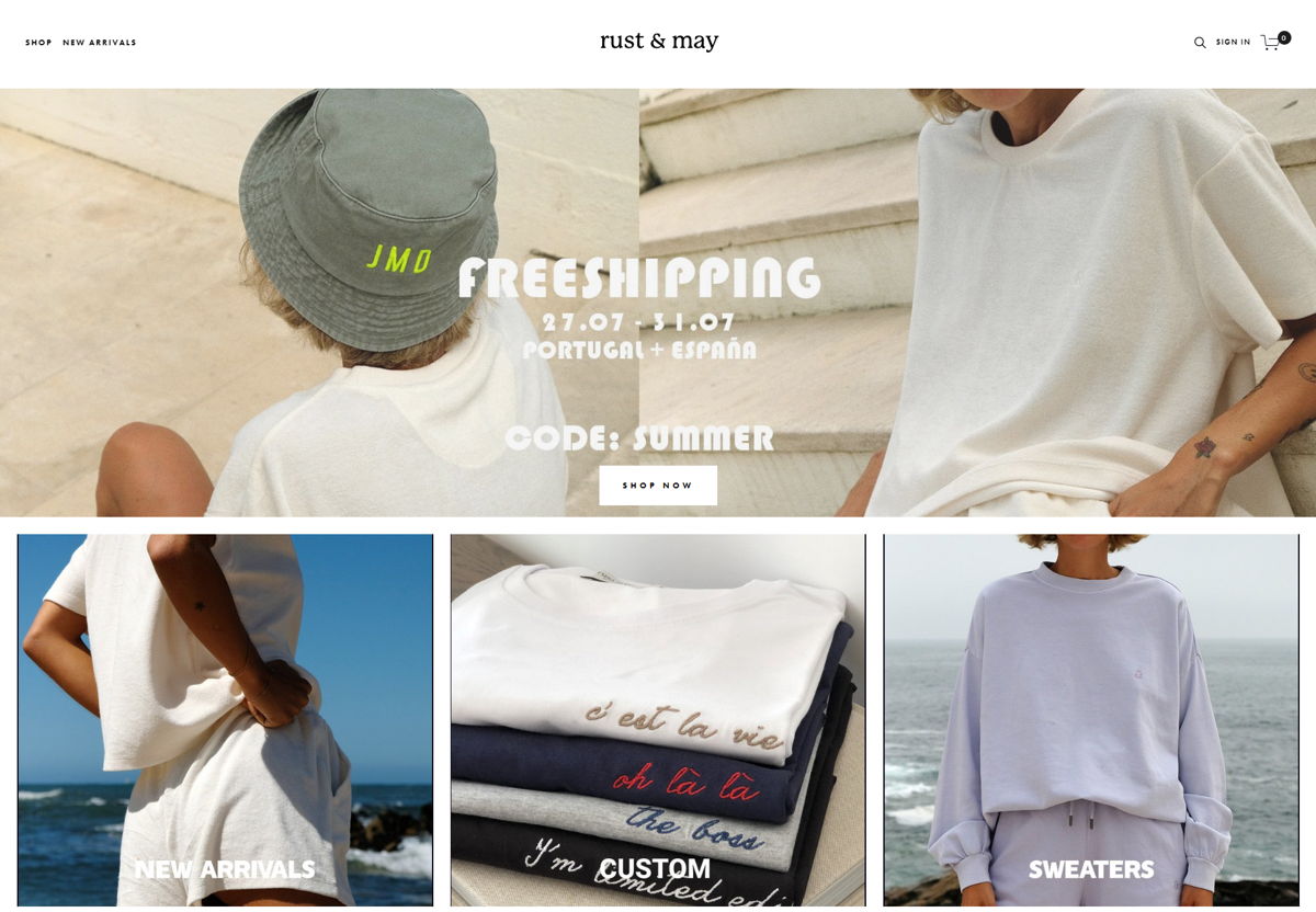 Screenshot of rust & may, from the squarespace ecommerce examples collection.