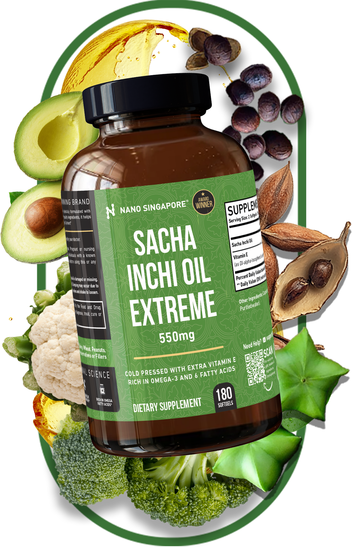 Sacha inchi oil capsules bottle surrounded by nutrient-rich foods like avocado, broccoli, cauliflower, and star-shaped sacha inchi fruit