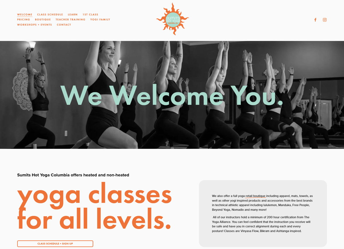 Screenshot of Sumits Hot Yoga Columbia, from the squarespace yoga websites collection.
