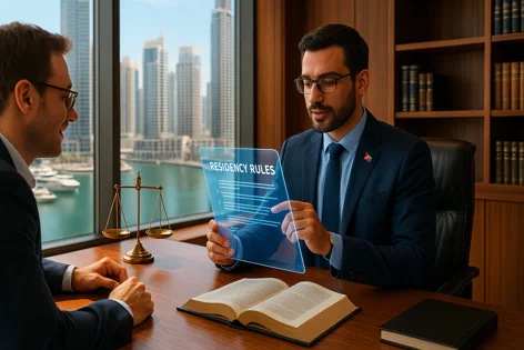 Two men discussing "Residency Rules" in an office overlooking a city skyline. One points to a holographic screen, scales of justice are on the desk.