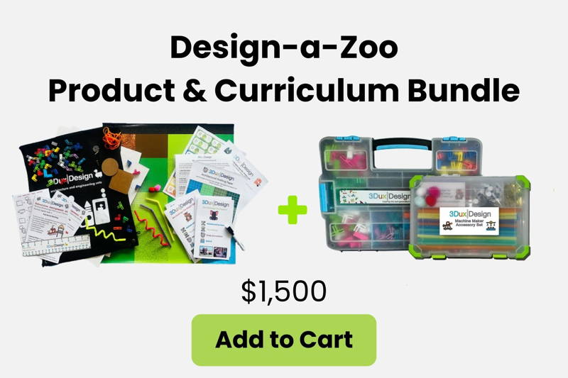 Child building a cardboard zoo model with animals and simple machines for a hands-on life science and engineering Design-a-Zoo project.
