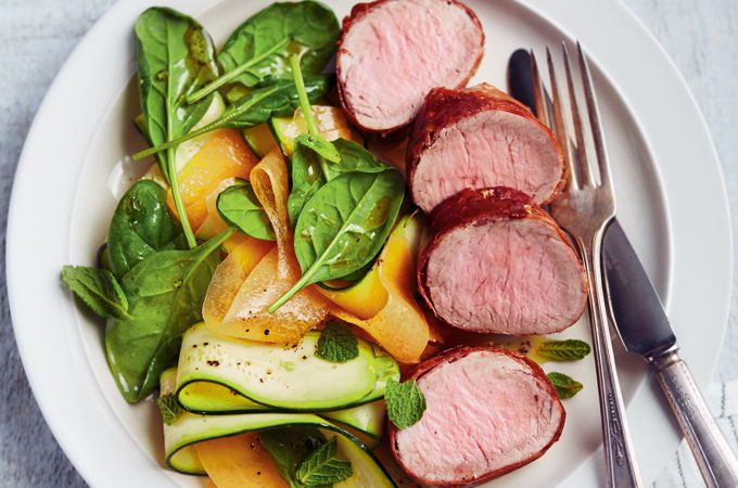 Pork and Prosciutto Medallions with Zucchini-Mint Salad