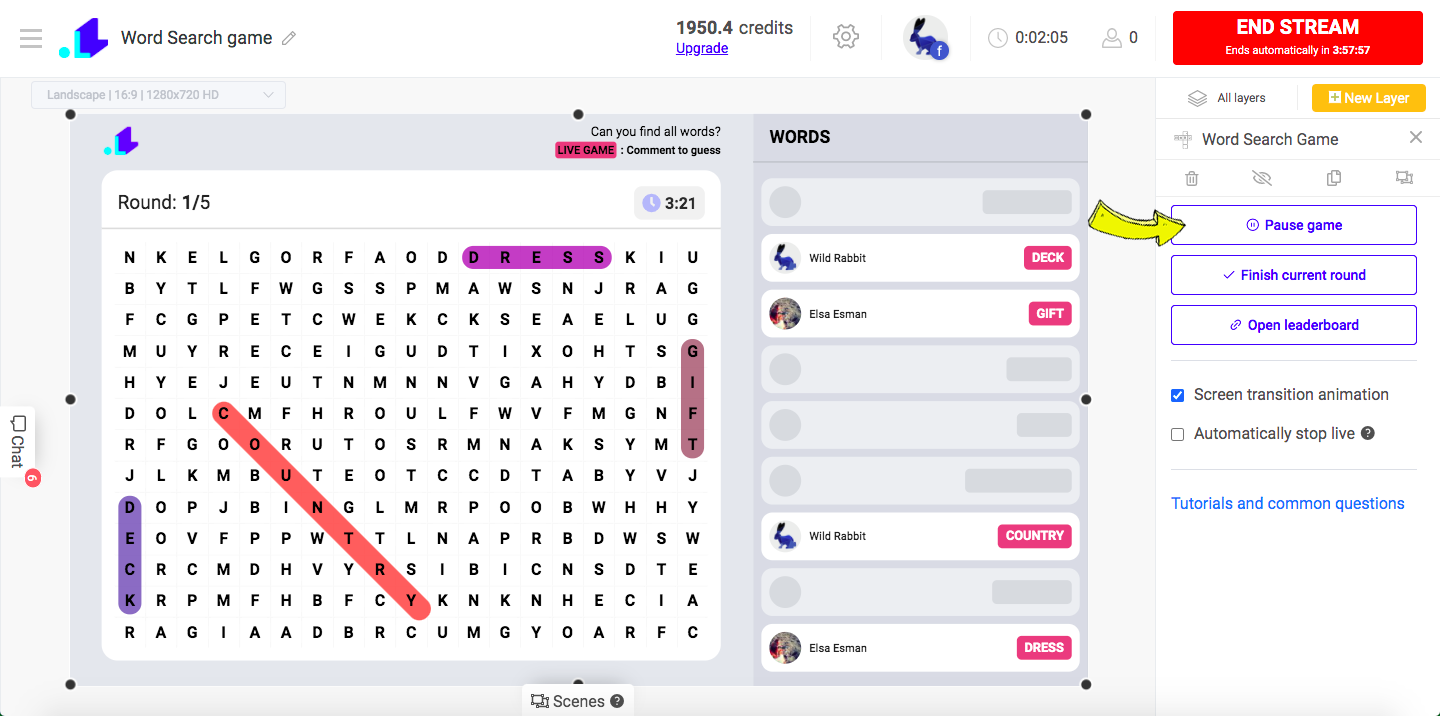 Word search game pause button