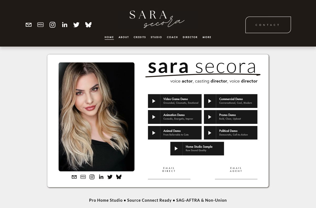 Screenshot of Sara Secora, from the voice actor portfolios collection.
