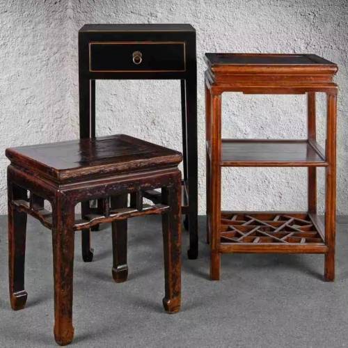 A group of Chinese flower stands, tea tables and side tables, one antique Chinese table with a cracked ice base design