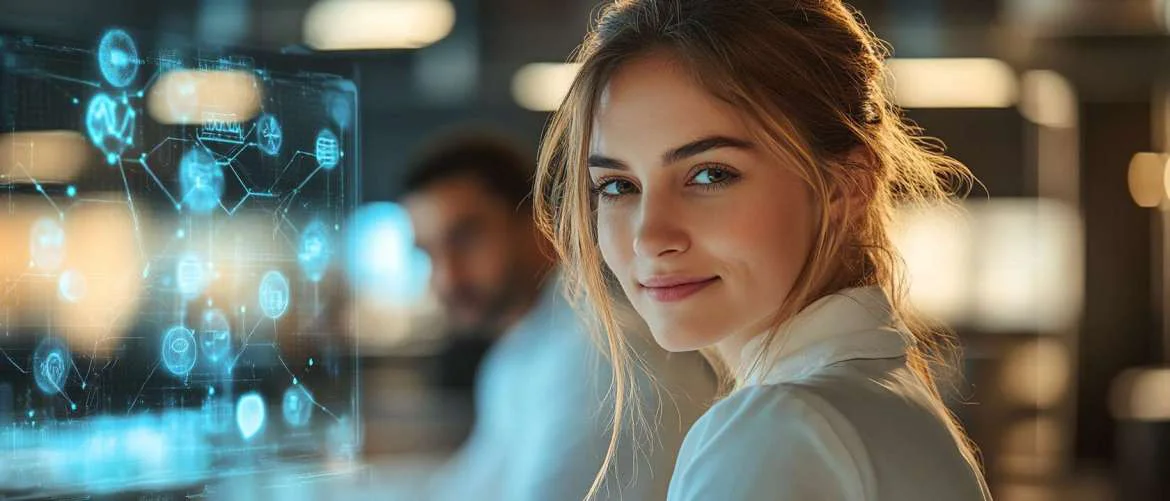 Inspiring futuristic office scene with focused healthcare professionals engaged in career planning.