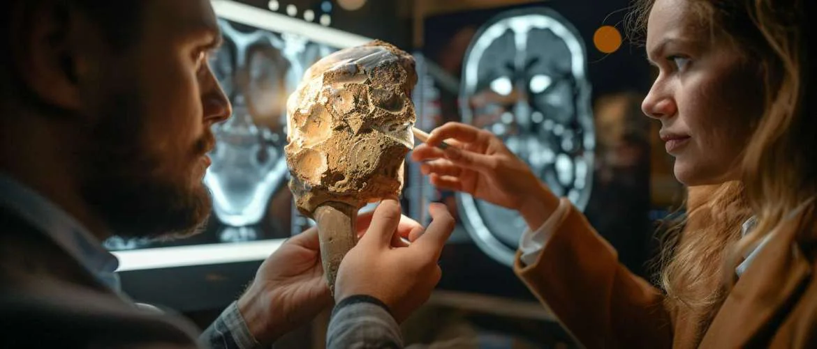 Surprised patient and radiographer discovering an ancient artifact in an x-ray