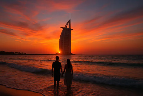 Silhouette of a couple holding hands standing in shallow water on a beach, looking at the Burj Al Arab hotel in Dubai against a vibrant orange and red sunset sky.