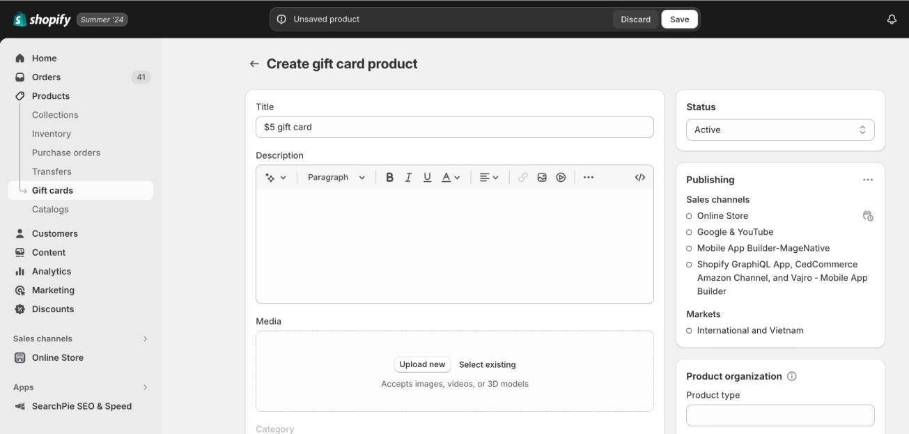 set up details of Shopify gift cards