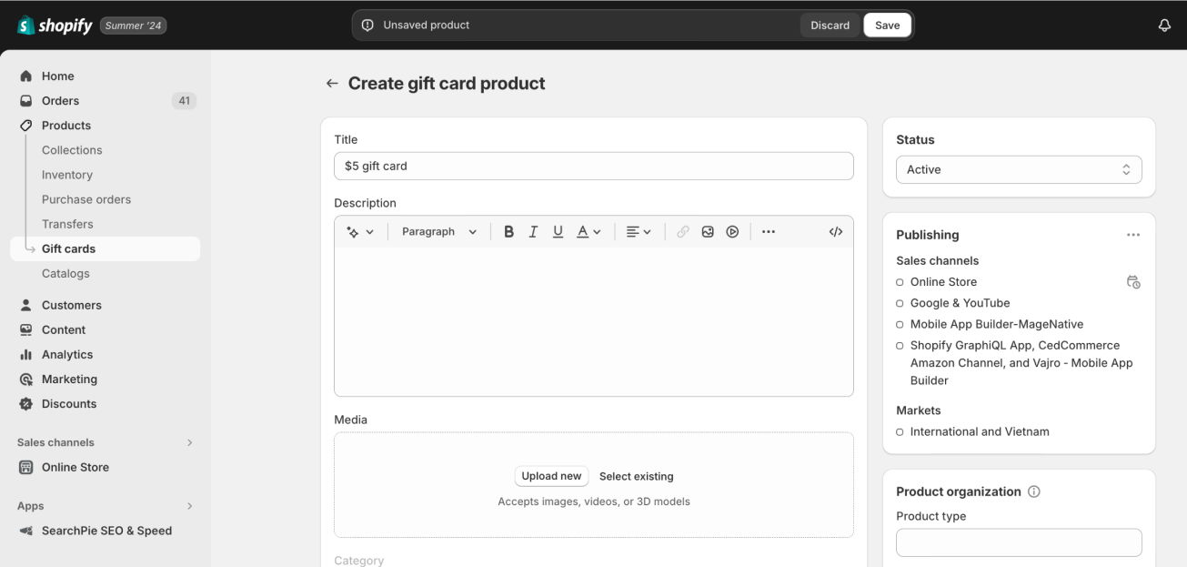 set up details of Shopify gift cards