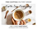 A person whisking brown powder in a white bowl, surrounded by spice jars, with text offering free shipping using code EARTHDAY for Earth Day.