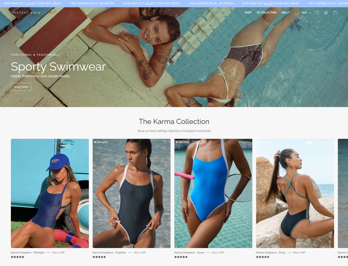 Screenshot of Instant Swim , from the shopify clothing stores collection.