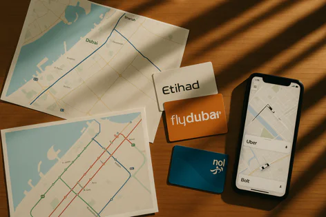 Maps of Dubai and its metro system are displayed alongside cards for Etihad, flydubai, and a Nol transit card, with a smartphone showing ride-sharing apps Uber and Bolt on a wooden table.