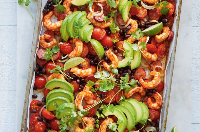 Plaque de crevettes, haricots noirs et chorizo