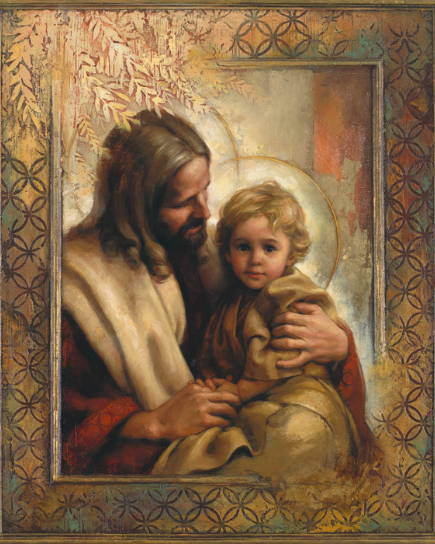 Jesus with a little boy sitting on His lap. Both have halos encircling their heads. 