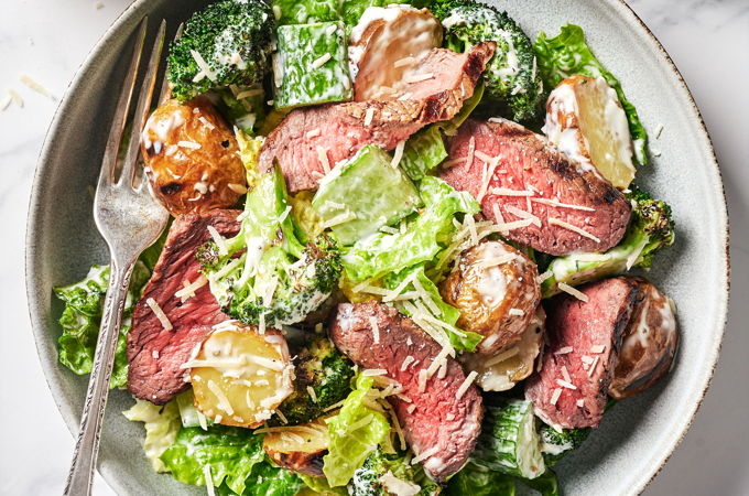 Grilled Broccoli and Beef Salad with Creamy Parmesan Dressing