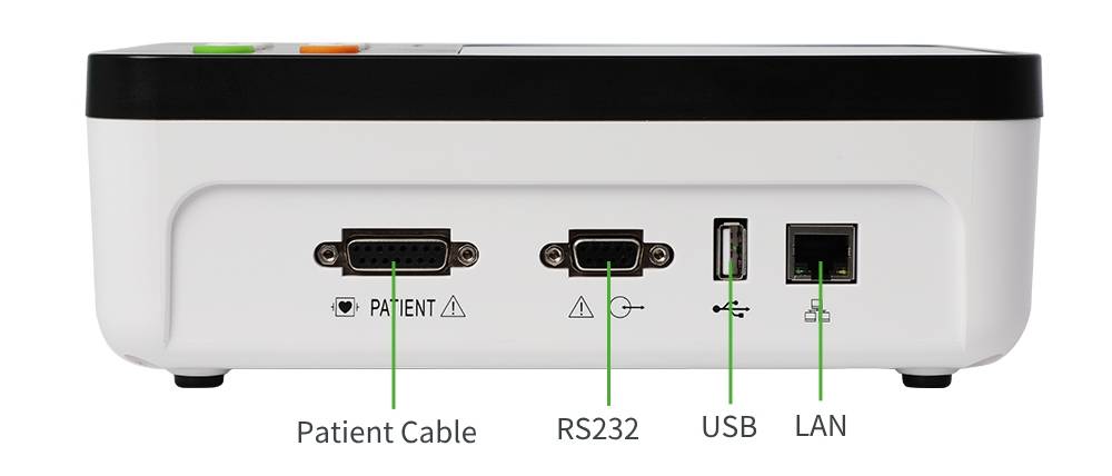 vet ecg machine provides four ports for external networks: patient cable port, RS232 port, USB and network (LAN) port.