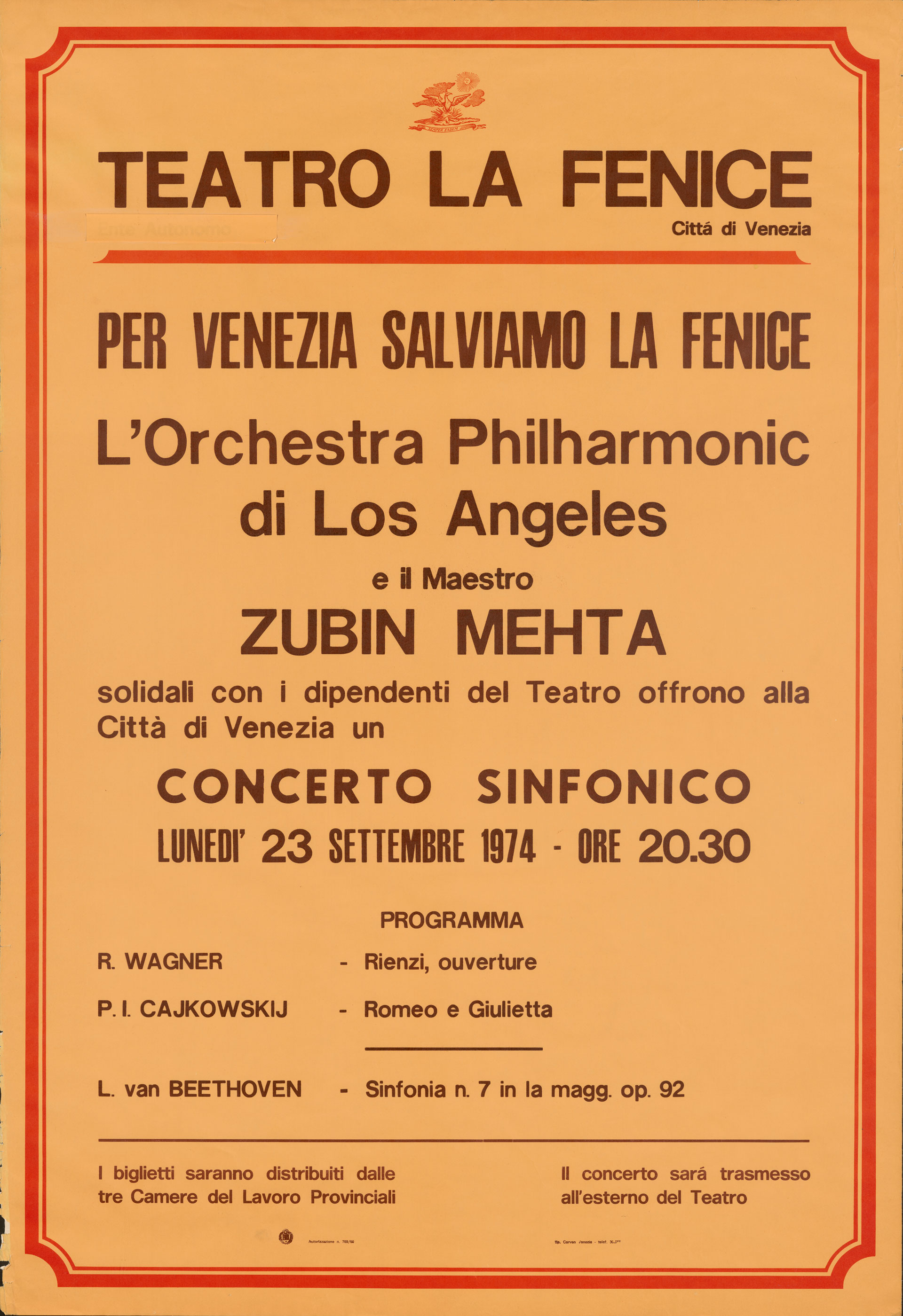 Poster advertising a benefit concert in Venice that was performed in solidarity with striking theater employees.