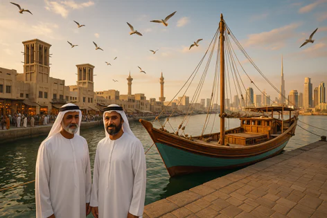 Two men in traditional Emirati dress stand by a creek with a wooden boat. Traditional buildings with wind towers and the modern Dubai skyline are visible behind them.