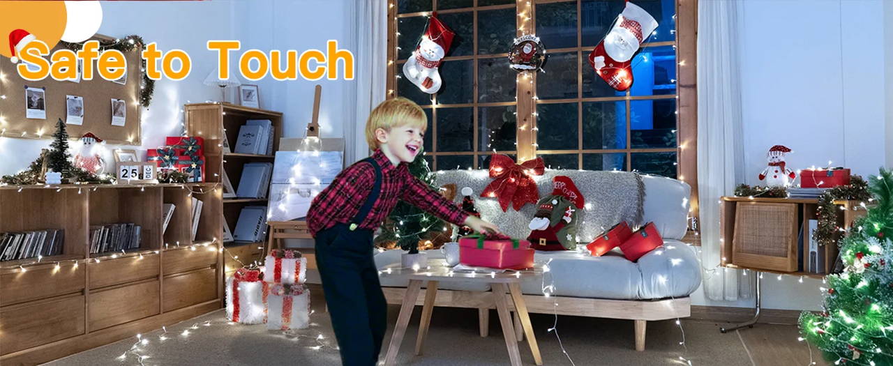 Features of Ollny's 800 leds clear cable cool white string lights - desktop size