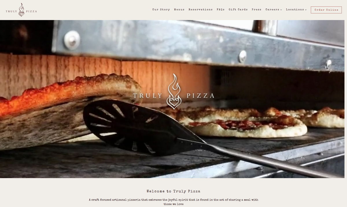 Screenshot of Truly Pizza, from the pizza place websites collection.