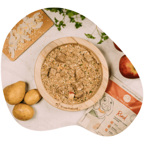 Bild von einem Napf, darin Hundefutter mit gefriergetrocknetem Fleisch