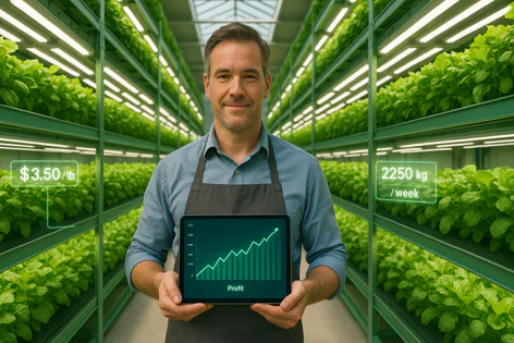 Smiling man in apron holds tablet showing profit growth chart in a vertical farm with plants, illuminated and displaying holographic price and yield data.