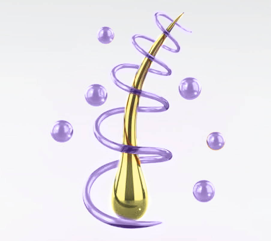 rendering of hair strand with an abstract representation of hair product interacting with it