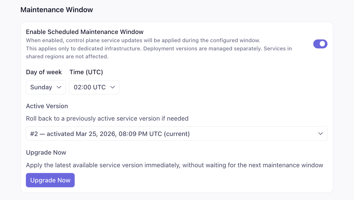Maintenance window settings