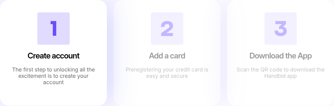 The check-in version of the Get Started page: step 1 Create account, step 2 Add a card, step 3 Download the App