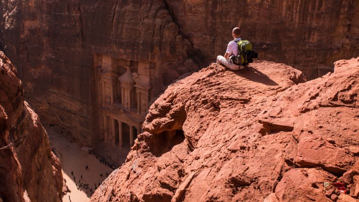 Petra is located in the Ma'an Governorate of Jordan, roughly halfway between Jerusalem and Amman
