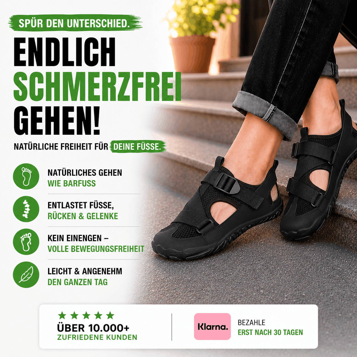 Abbildung von Füßen einer Person, welche Barfußschuhe trägt 