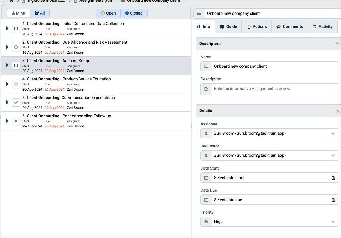 Assignment with Tasks at varying completion states and the Assignment detail pane
