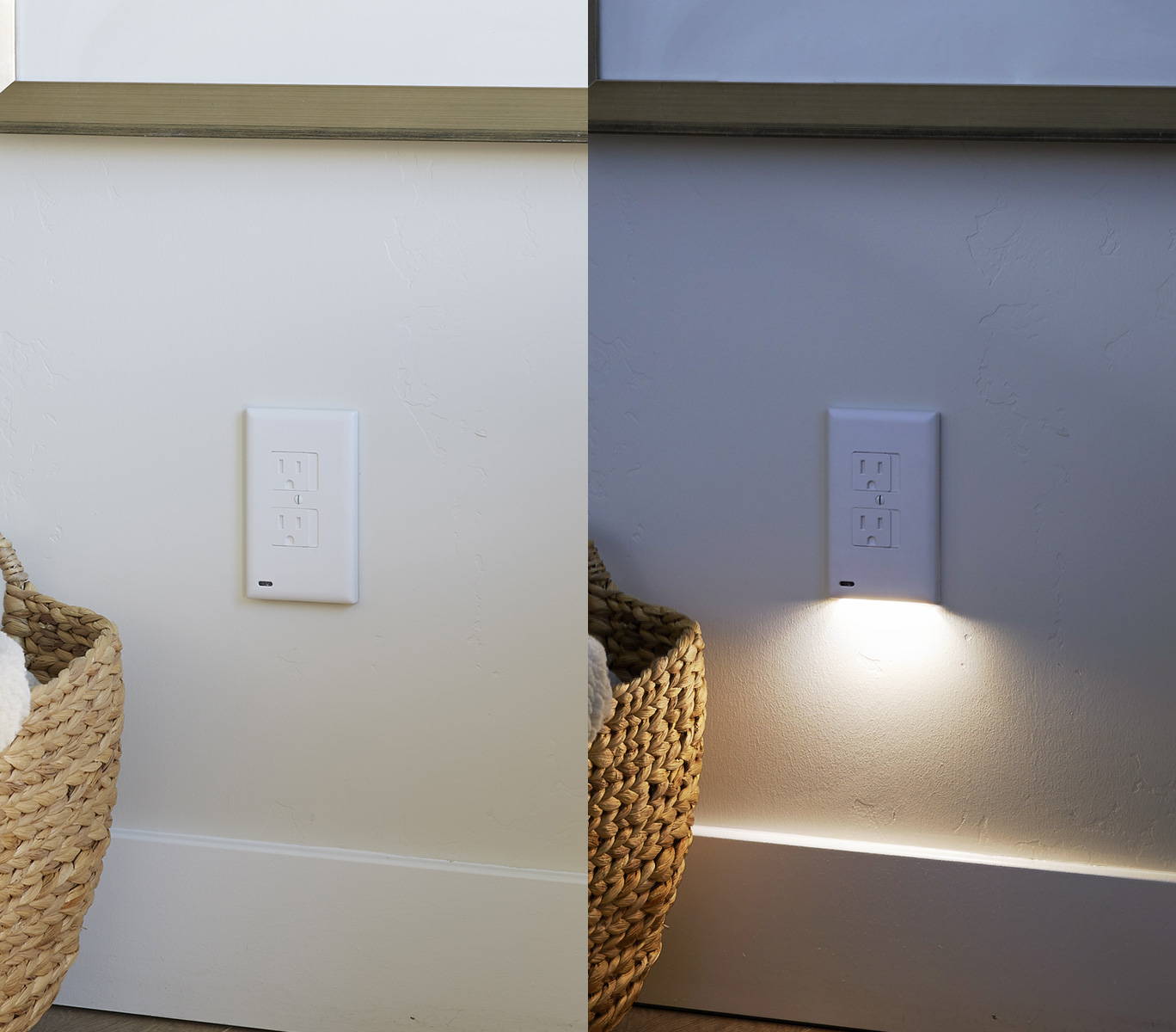 Side by side photo of outlet protector night lights for kids with LED on and off
