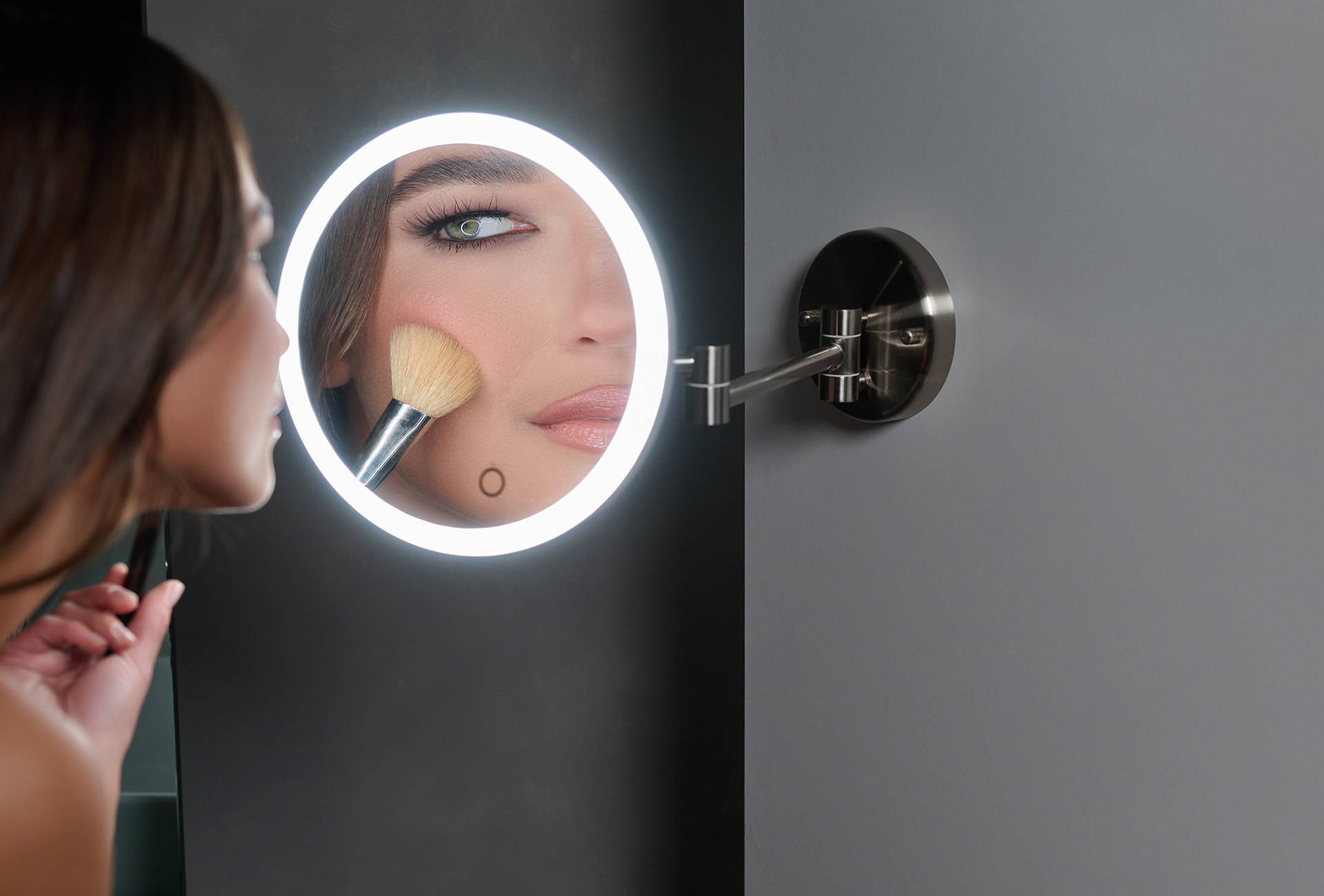 Ilios lighting Retractable wall lighted mirror with extender arm cordless and rechargeable 1x or 5x magnified lighted makeup mirror 